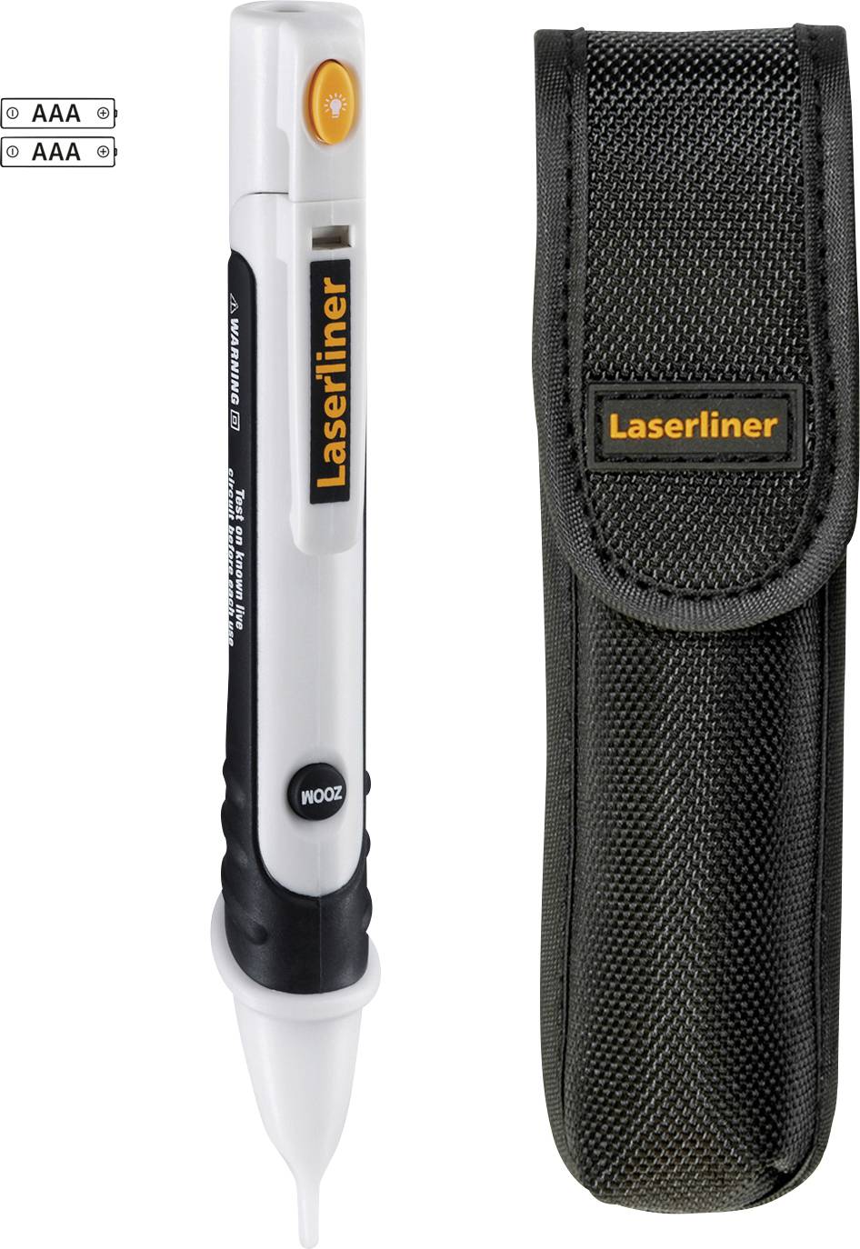 Testeur de tension stylo et pochette de transport noire avec logo 'Laserliner' ; à gauche, une indication sur les piles AAA nécessaires.