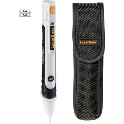 Testeur de tension stylo et pochette de transport noire avec logo 'Laserliner' ; à gauche, une indication sur les piles AAA nécessaires.