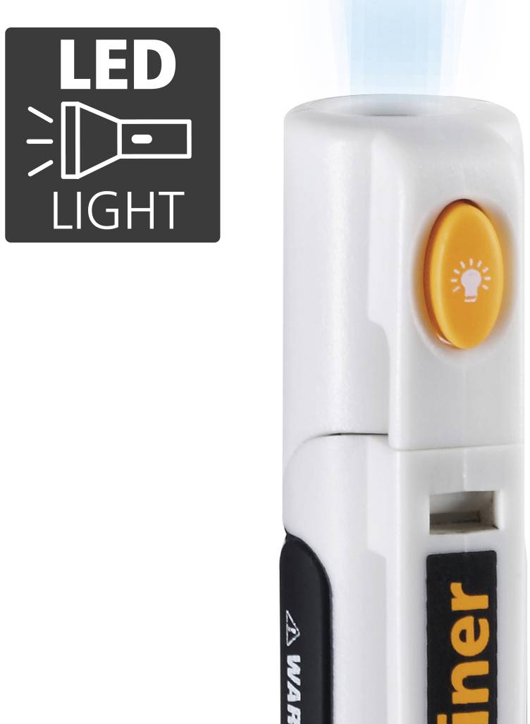 Un marqueur blanc avec un bouton LED orange ; au-dessus, un symbole indiquant 'LUMIÈRE LED' avec une illustration de lampe de poche.