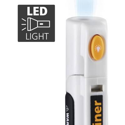 Un marqueur blanc avec un bouton LED orange ; au-dessus, un symbole indiquant 'LUMIÈRE LED' avec une illustration de lampe de poche.