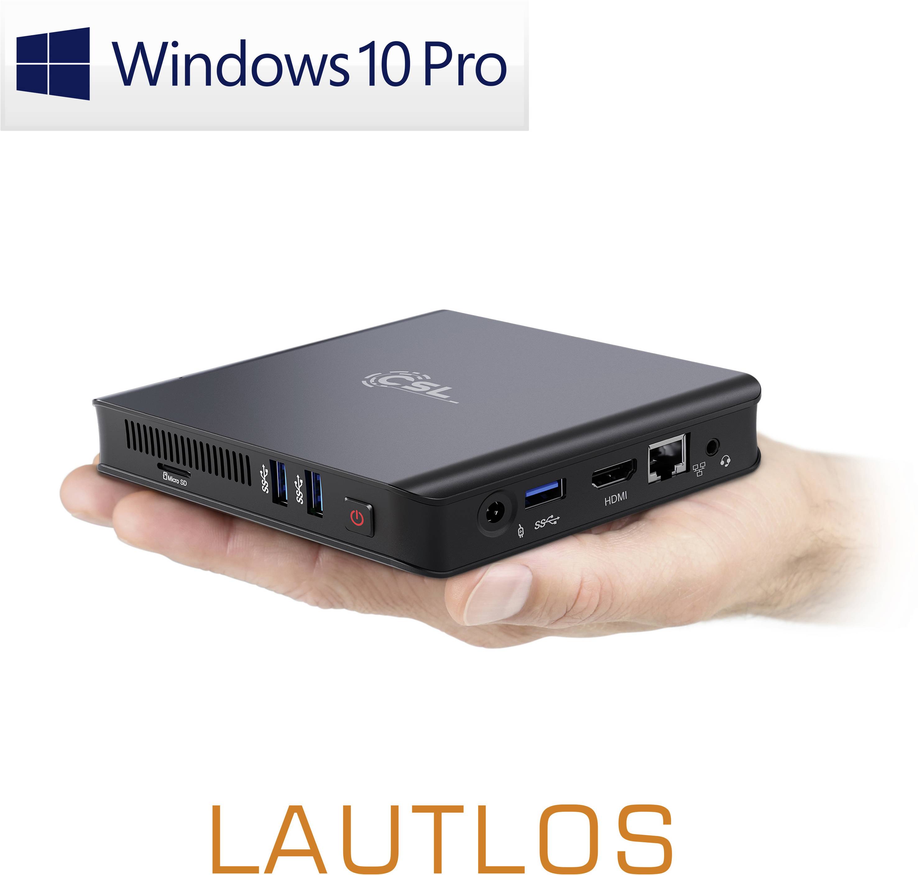 Un mini-PC dans la paume de la main, avec plusieurs ports. En haut, le logo 'Windows 10 Pro' et en bas l'inscription 'SILENCIEUX'.
