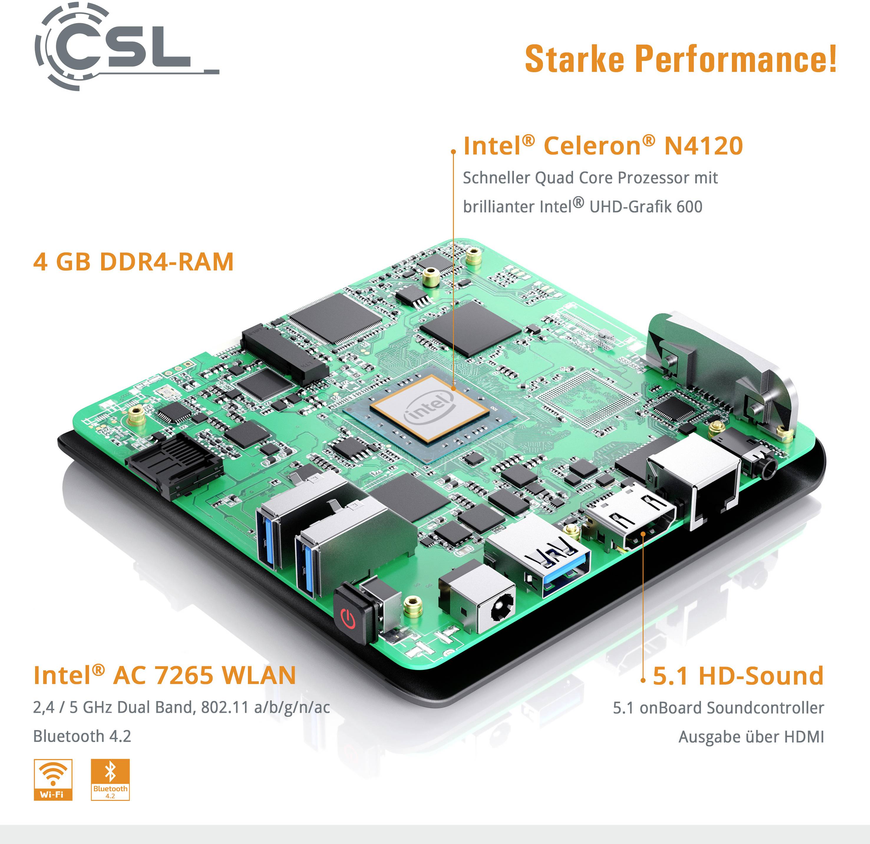 'Performances remarquables !' Carte mère avec processeur Intel Celeron N4120, 4 Go de RAM DDR4, Wi-Fi, son HD, sortie HDMI.