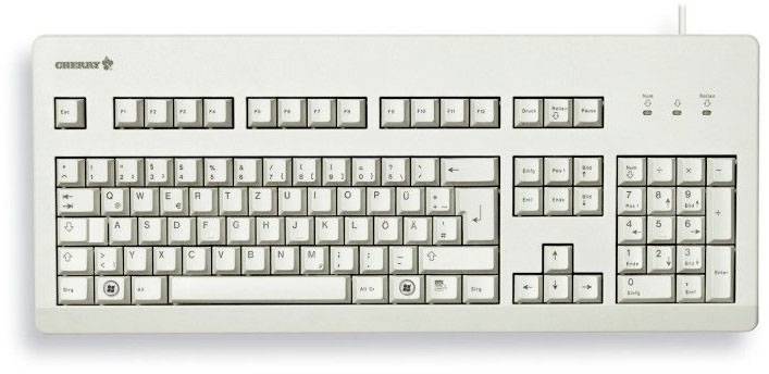 Clavier d'ordinateur blanc avec disposition QWERTZ et rangée de touches de fonction. Comprend un pavé numérique et des voyants LED pour Verr Maj et Verr Num.