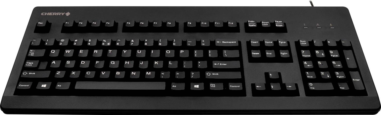 Clavier d'ordinateur noir avec disposition allemande QWERTZ, nom de la marque en haut à gauche. Disposition standard des touches, sans touches spéciales supplémentaires.