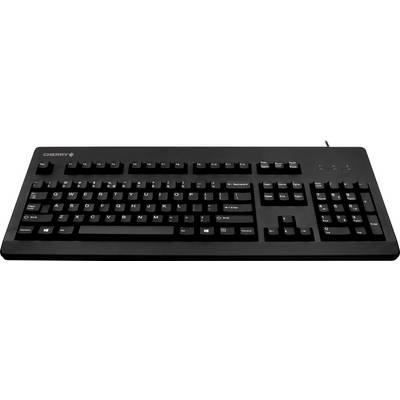 Clavier d'ordinateur noir avec disposition allemande QWERTZ, nom de la marque en haut à gauche. Disposition standard des touches, sans touches spéciales supplémentaires.