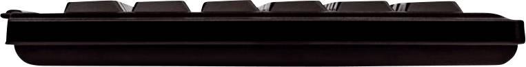 Vue latérale d'un clavier d'ordinateur noir avec des touches mises en évidence.