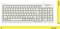 Un clavier Cherry blanc, de 37,4 cm de large et 13,9 cm de haut, est posé sur un mètre ruban ; disposition allemande QWERTZ.
