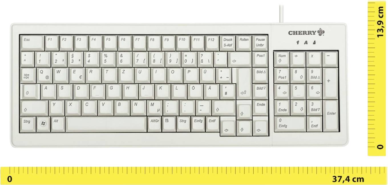 Clavier d'ordinateur blanc de la marque Cherry, avec disposition allemande QWERTZ. À côté, un mètre ruban pour déterminer les dimensions : 37,4 cm de long, 13,9 cm de large.