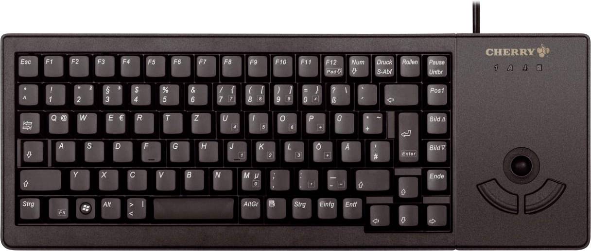Clavier d'ordinateur noir avec trackball intégré en haut à droite. Nom de marque 'CHERRY' dans le coin supérieur droit. Disposition du clavier QWERTZ.