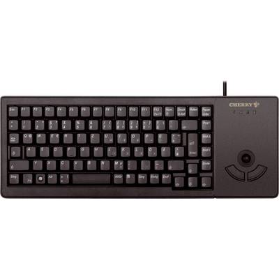 Clavier d'ordinateur noir avec trackball intégré en haut à droite. Nom de marque 'CHERRY' dans le coin supérieur droit. Disposition du clavier QWERTZ.