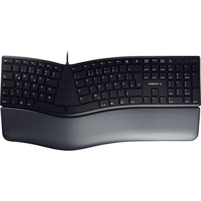 Clavier ergonomique noir au design incurvé avec repose-poignets, conçu pour réduire la fatigue lors de la frappe.