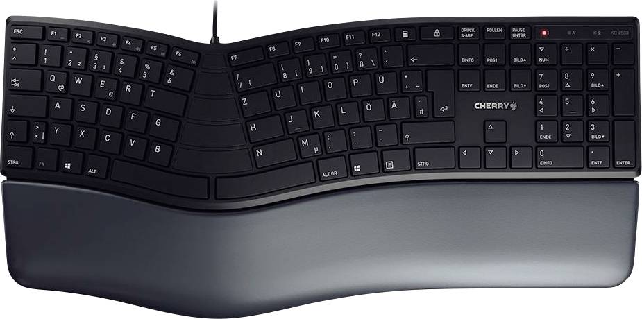 Clavier noir ergonomique vu de dessus, légèrement incurvé avec un repose-poignets amovible, connexion filaire en haut.