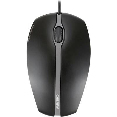 Une souris d'ordinateur noire vue de dessus, avec une molette de défilement placée au centre et une fine bande grise sur le dessus.