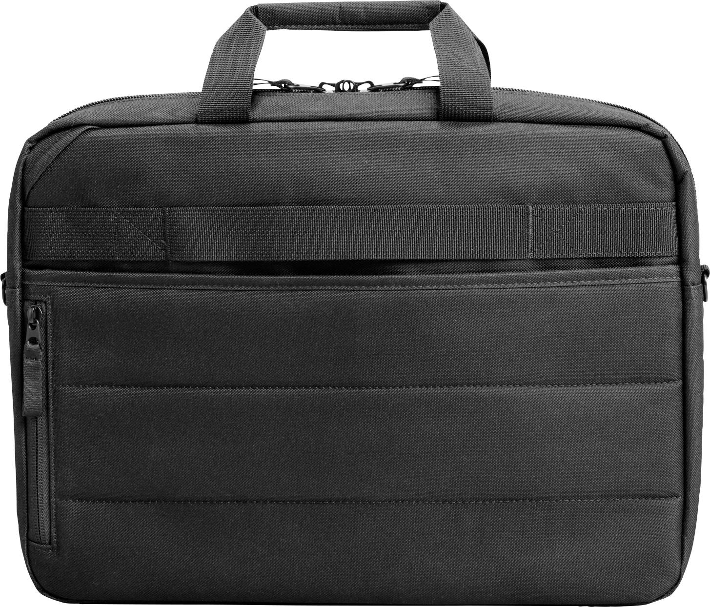 Sacoche pour ordinateur portable noire avec deux poignées courtes et une poche zippée sur l'avant.
