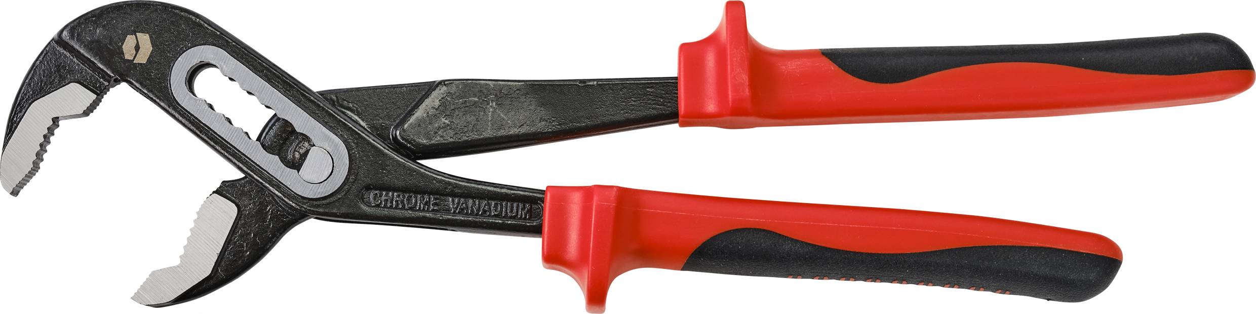 Une clé à molette réglable avec des poignées rouges sur un fond blanc. L'outil est conçu pour saisir et tourner des tuyaux.