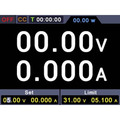 Écran d'un appareil électronique affichant : Tension 00.00 Volt, Courant 0.000 Ampère. Paramètres : 5.00 V, 0.000 A. Limite : 31.00 V, 5.100 A.