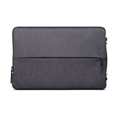 Sacoche d'ordinateur portable grise avec fermeture à glissière à l'avant, réalisée dans un matériau simple et texturé.