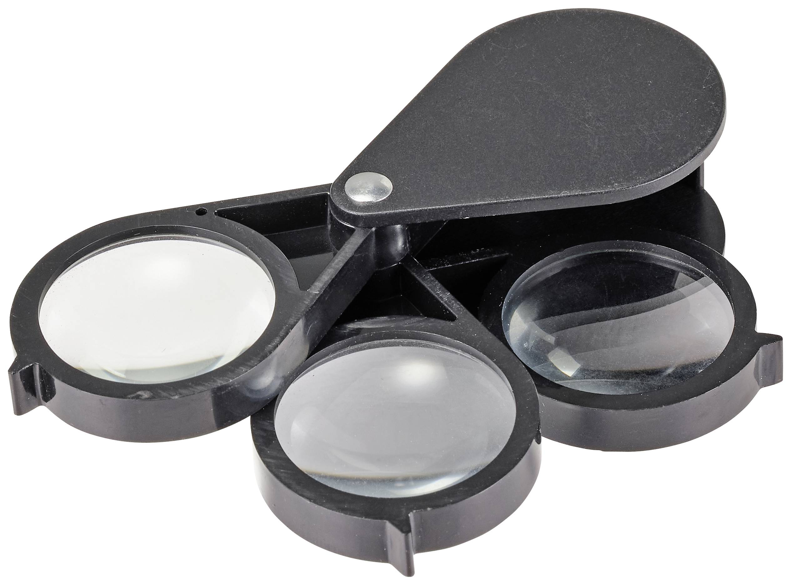 Une loupe pliante noire avec trois lentilles rabattables, utilisée pour agrandir de petits objets.