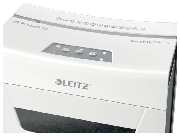 Destructeur de documents électrique 'Leitz IQ Protect 8X' avec niveau de sécurité P4, adapté à la protection des documents confidentiels.