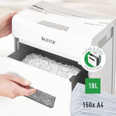 Un destructeur de documents déchiquette du papier. Sur l'appareil est inscrit « Vidage propre et facile ». À côté se trouve une pile de papier, étiquetée « 150x A4 ».