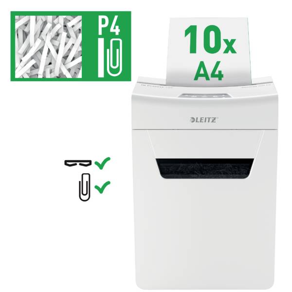 Destructeur de documents 'LEITZ', coupe 10 feuilles A4, niveau de sécurité P4, adapté aux trombones et agrafes.