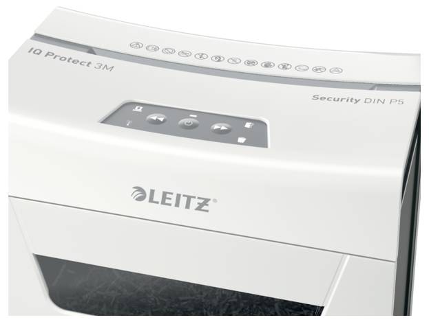 Destructeur de documents 'LEITZ IQ Protect 3M' avec niveau de sécurité DIN P5, montrant le panneau de commande et l'ouverture de déchiquetage.
