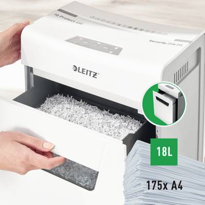 Un destructeur de documents Leitz, modèle 'IQ Protect', transforme le papier en confettis. Capacité de 18 litres, adapté pour 175 feuilles A4.
