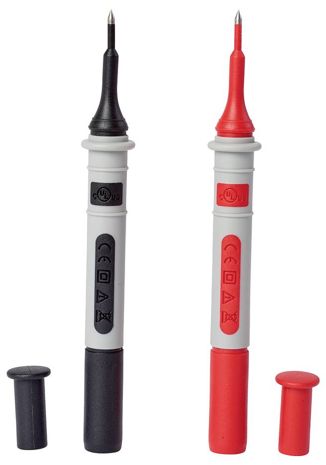 Deux pointes de test : noire à gauche, rouge à droite, chacune avec un capuchon de protection. Destinées aux mesures électriques.