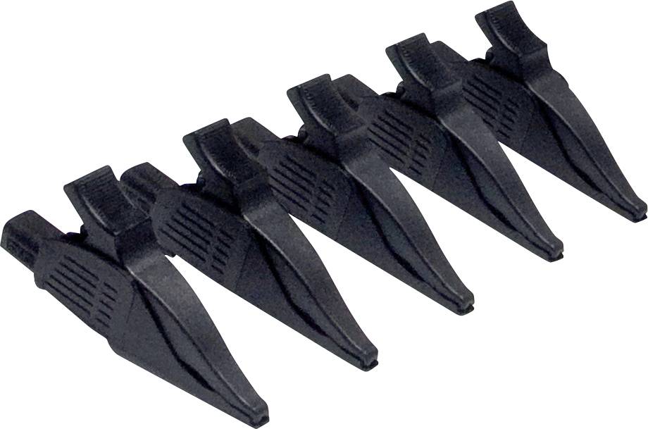 Cinq outils de serrage ou de fixation noirs disposés en une rangée uniforme, souvent utilisés pour maintenir des objets en place.