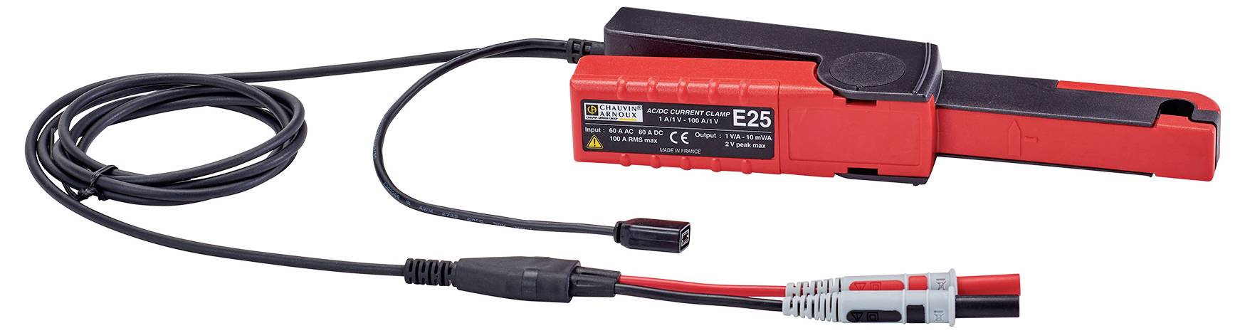 Un capteur de courant électrique rouge avec un câble noir. Inscription 'E25' sur le capteur. Appareil pour mesurer les courants électriques.