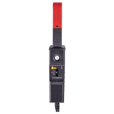Testeur de tension électrique avec affichage numérique, boîtier noir, pince rouge, et voyants lumineux pour l'indication des mesures.