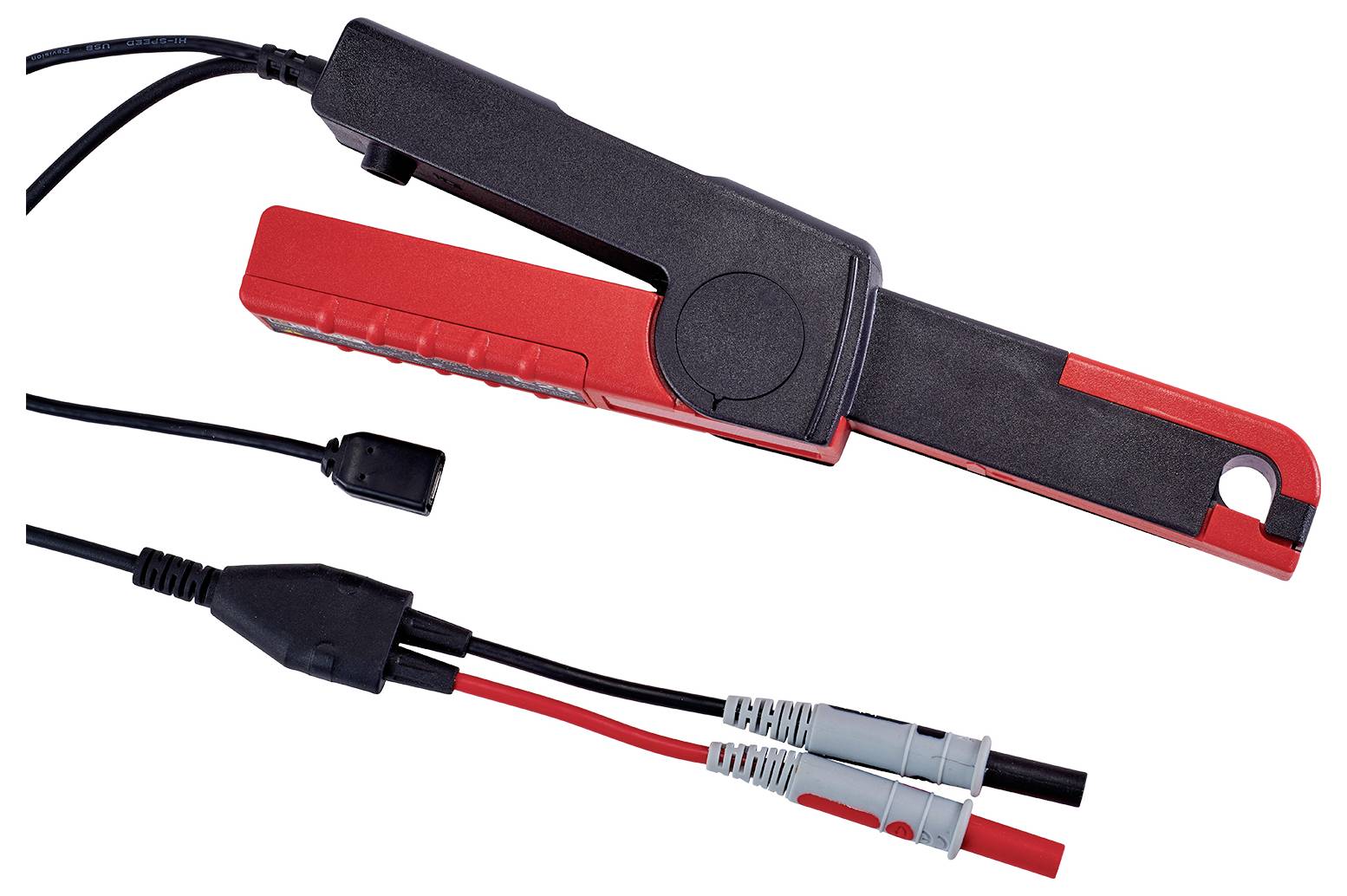 Une pince multimètre noire et rouge avec des câbles et des fiches, utilisée pour mesurer les courants électriques dans les conducteurs.