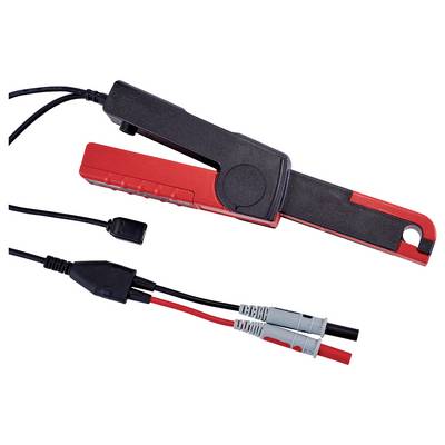 Une pince multimètre noire et rouge avec des câbles et des fiches, utilisée pour mesurer les courants électriques dans les conducteurs.