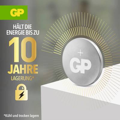 Graphique publicitaire pour batteries GP : Texte « CONSERVE L'ÉNERGIE JUSQU'À 10 ANS DE STOCKAGE* » à côté d'une batterie et d'un symbole de cadenas ; Remarque « Stocker au frais et au sec ».