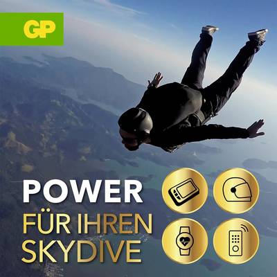 Panneau publicitaire avec un parachutiste au-dessus des montagnes et le texte « POWER POUR VOTRE SKYDIVE » ; accompagné de quatre symboles dorés pour l'équipement et les accessoires.