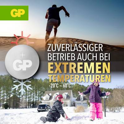 Annonce publicitaire de GP : Personne qui court dans le désert et enfants qui jouent dans la neige, avec le texte « Fonctionnement fiable même à des températures extrêmes » de -20°C à 60°C.