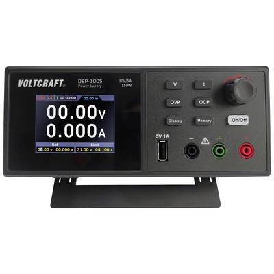 Alimentation de laboratoire avec affichage indiquant '0,00V' et '0,000A'. Commandes visibles pour la tension, l'intensité du courant et l'interrupteur marche/arrêt.