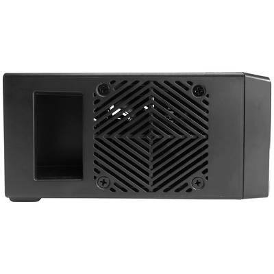 Appareil électronique noir avec grille de ventilation et vis. Il pourrait s'agir d'un composant de boîtier d'un appareil technique.