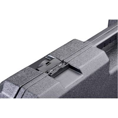 Une valise noire structurée avec une charnière robuste en gros plan. Idéale pour le transport et le rangement en toute sécurité.
