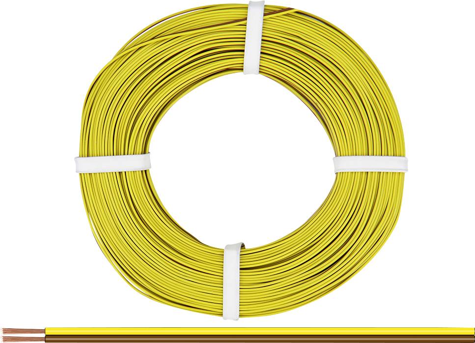 Un rouleau de câble électrique jaune en cuivre, fixé fermement avec des rubans blancs, avec un gros plan sur une extrémité du câble.