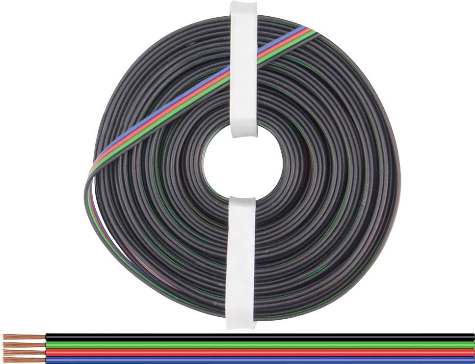 Un rouleau de câble multibrins en noir, chaque fil étant codé par couleur : rouge, vert, bleu et blanc.