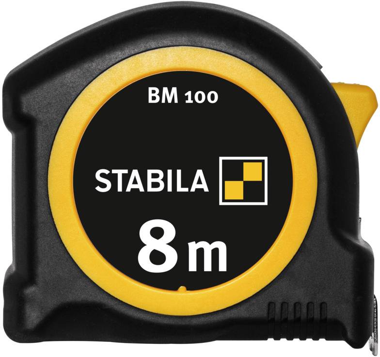 Un mètre ruban portant l'inscription 'STABILA BM 100 8m'. Il est noir avec un anneau jaune et indique une longueur de 8 mètres.
