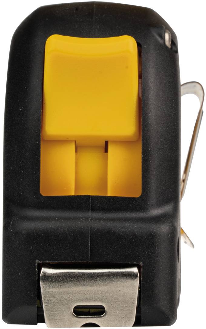 Un ruban à mesurer noir avec un bouton jaune et un clip métallique, vu de face.