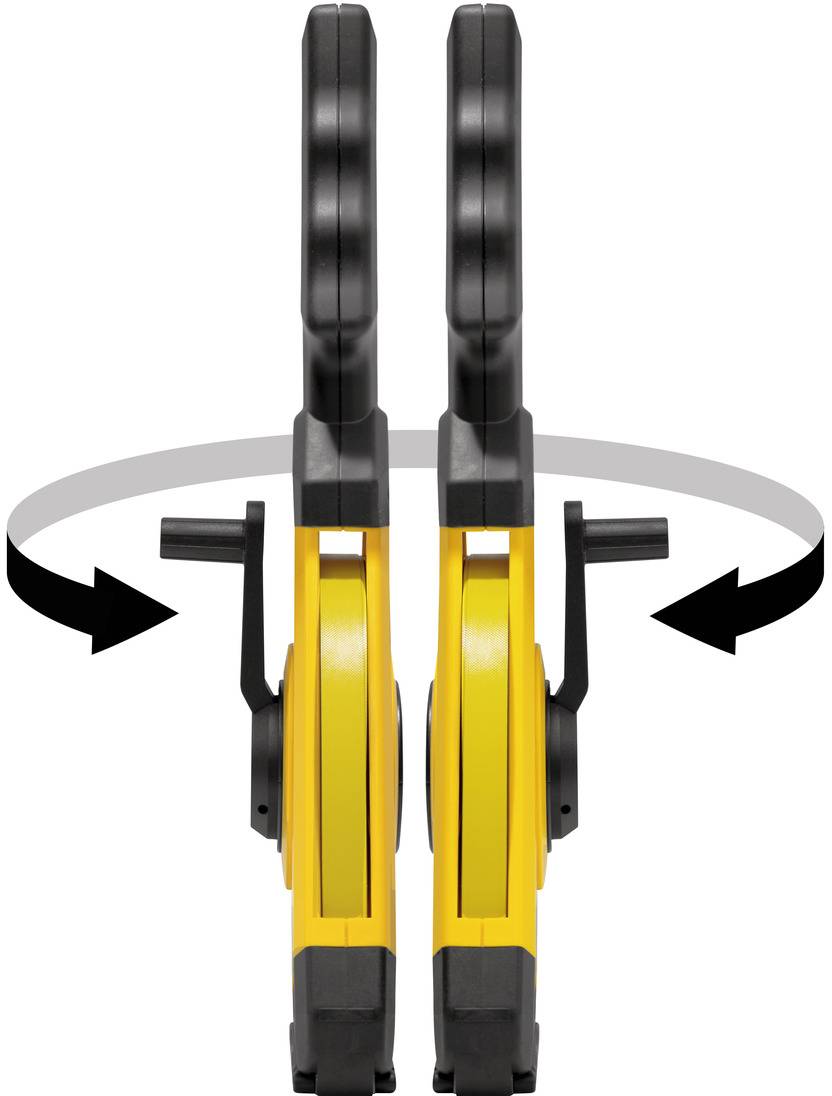 Deux outils manuels jaunes avec des poignées noires indiquent un mouvement de rotation vers la gauche et la droite par des flèches courbes.