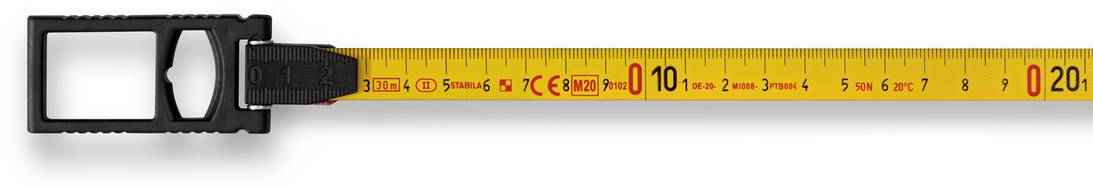 Mètre ruban rétractable avec bande jaune, marquages rouge et noir de 0 à 20 cm. Utilisé pour des mesures précises.