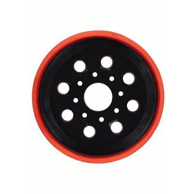 Une roue noire avec des bords rouges, comportant sept trous répartis uniformément en cercle autour d'un trou central.