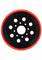 Une roue noire avec des bords rouges, comportant sept trous répartis uniformément en cercle autour d'un trou central.