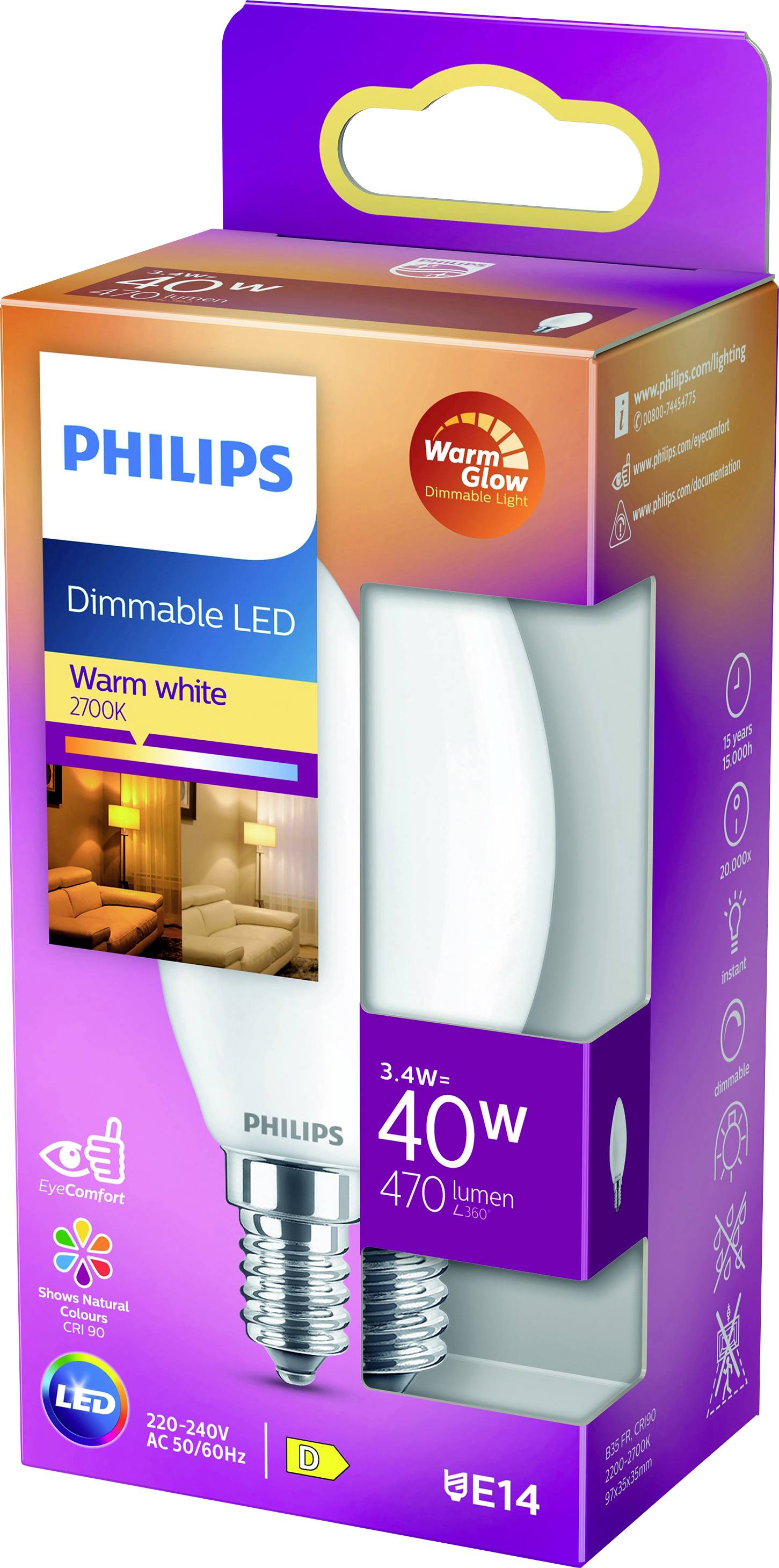 Emballage d'une ampoule LED dimmable Philips à lumière blanc chaud (2700K), 3,4 W, équivalent 40 W, 470 lumens, culot E14.