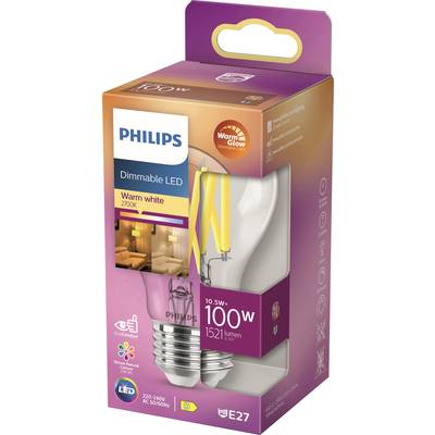 Ampoule LED dimmable Philips, blanc chaud, équivalent 100W, 1521 lumens, culot E27, présentée avec son emballage.