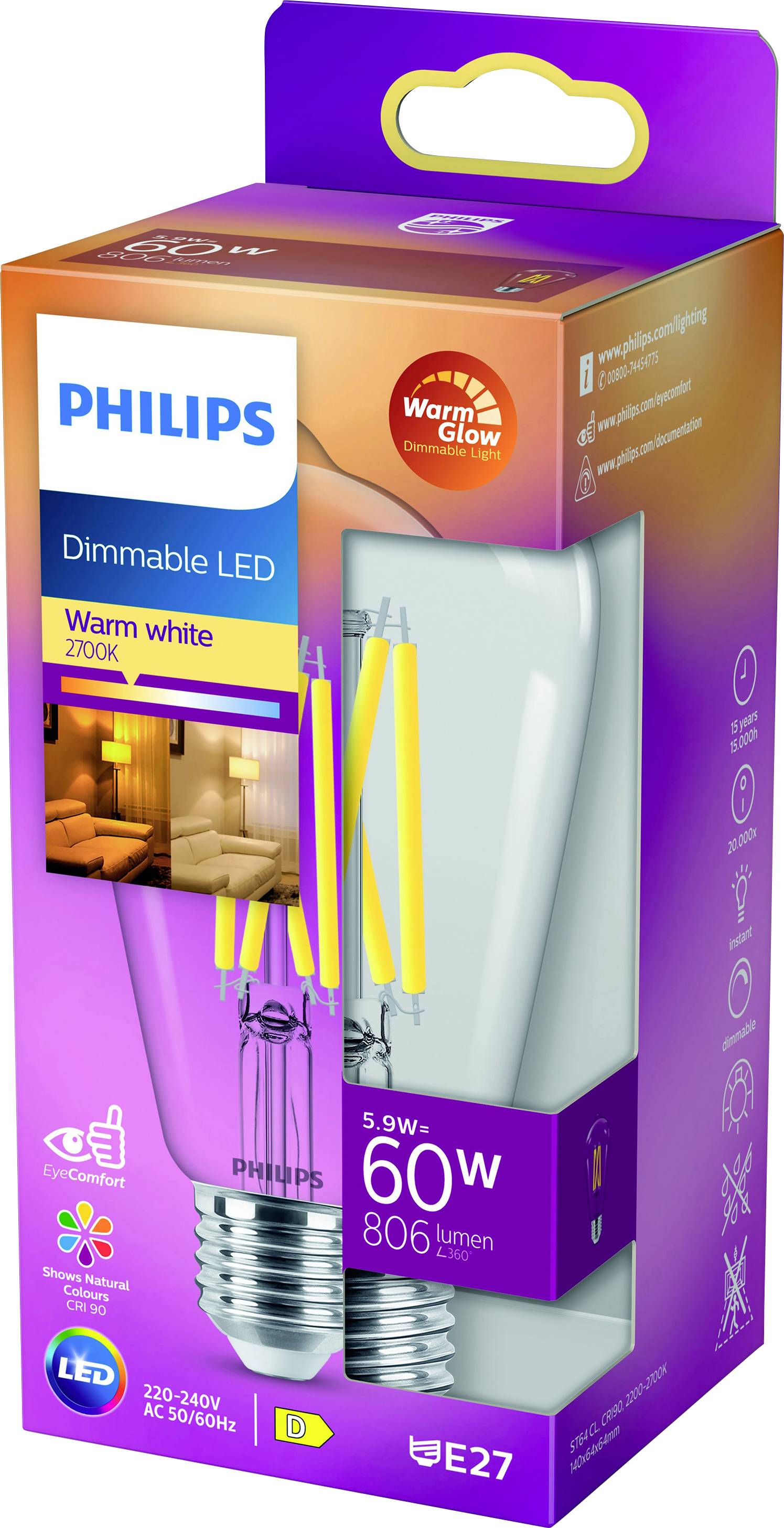 Emballage d'ampoule pour 'Philips Dimmable LED WarmGlow', 5,9W-60W, E27, 806 lumens, blanc chaud 2700K. Image d'un salon imprimée.